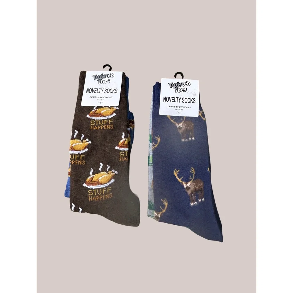 Twisted Toes Novelty Crew Socks 4 Pair 6-12 Thanksgiving Wildlife NEW